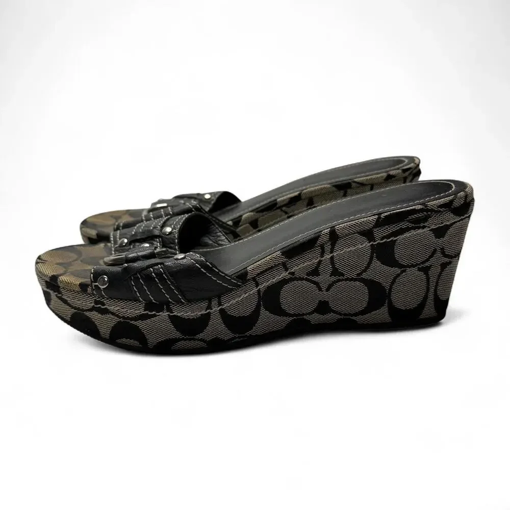 Coach Janessa sig wedge sandals with black and beige monogram pattern size 7.5